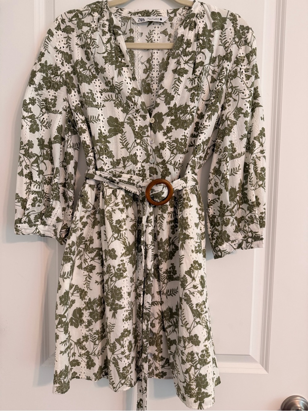 Zara White Mini Dress with Olive Green Floral Print and Belt